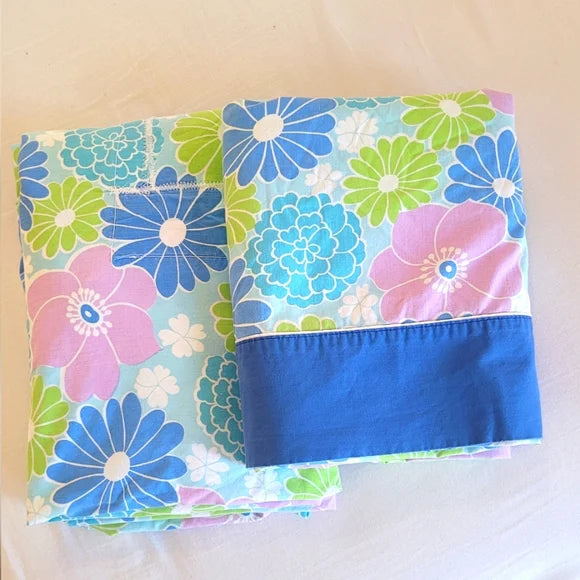 VINTAGE 100% Cotton QN or DBL 2pc Sheet Set Flower Power