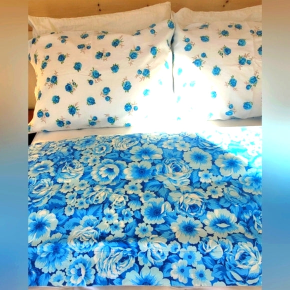 VINTAGE Queen Size 100% COTTON Top Sheet And Pillowcases