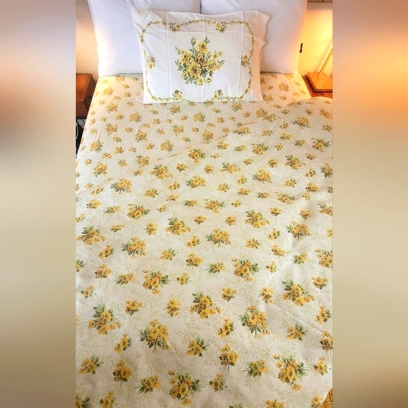 Vintage Full Double Sz 3pc Bedding Set. Sunflowers Motif, Sears, 50/50 Blend