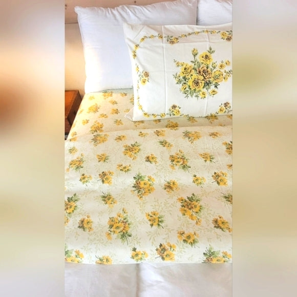 Vintage Full Double Sz 3pc Bedding Set. Sunflowers Motif, Sears, 50/50 Blend