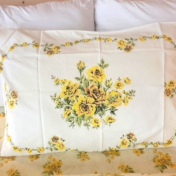 Vintage Full Double Sz 3pc Bedding Set. Sunflowers Motif, Sears, 50/50 Blend