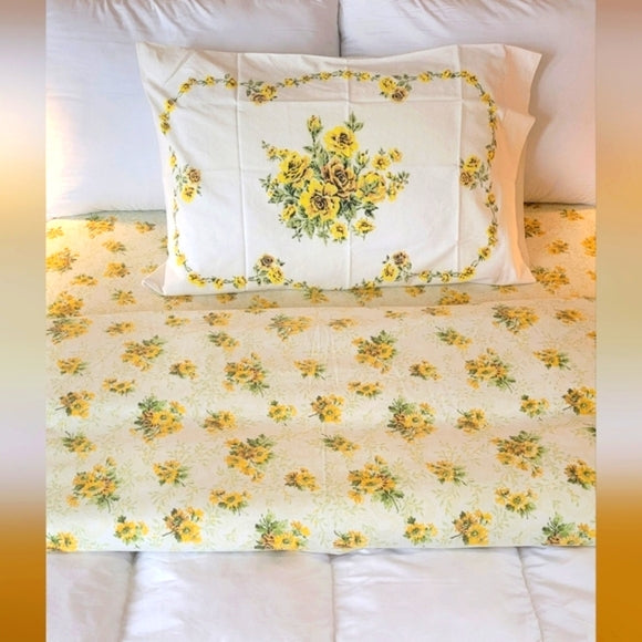 Vintage Full Double Sz 3pc Bedding Set. Sunflowers Motif, Sears, 50/50 Blend