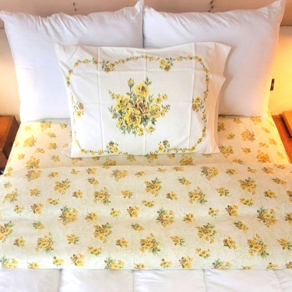 Vintage Full Double Sz 3pc Bedding Set. Sunflowers Motif, Sears, 50/50 Blend