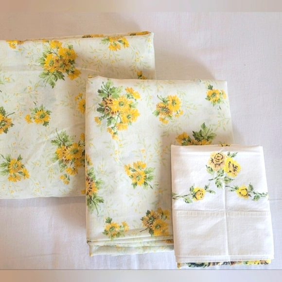 Vintage Full Double Sz 3pc Bedding Set. Sunflowers Motif, Sears, 50/50 Blend
