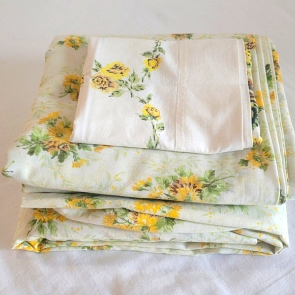 Vintage Full Double Sz 3pc Bedding Set. Sunflowers Motif, Sears, 50/50 Blend