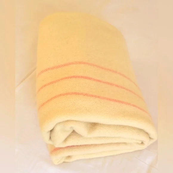 VINTAGE 100% Wool Blanket Double Full or Twin Cream Pink Stripes
