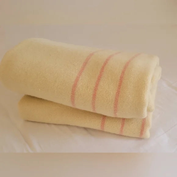 VINTAGE 100% Wool Blanket Double Full or Twin Cream Pink Stripes
