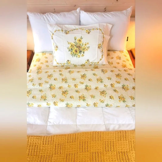 Vintage Full Double Sz 3pc Bedding Set. Sunflowers Motif, Sears, 50/50 Blend