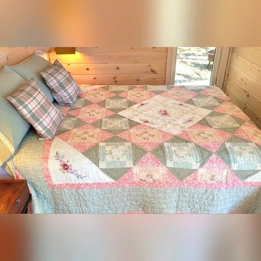 VINTAGE 100% Cotton, Handstitched Quilt Queen Sz W/ Pillowcases 5pcs Curation