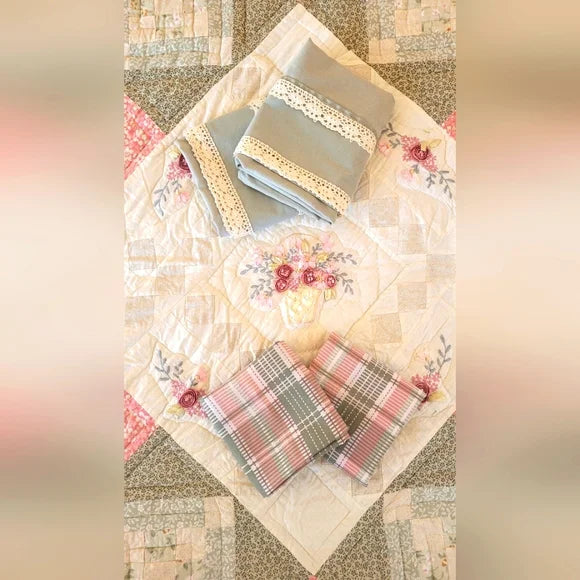 VINTAGE 100% Cotton, Handstitched Quilt Queen Sz W/ Pillowcases 5pcs Curation